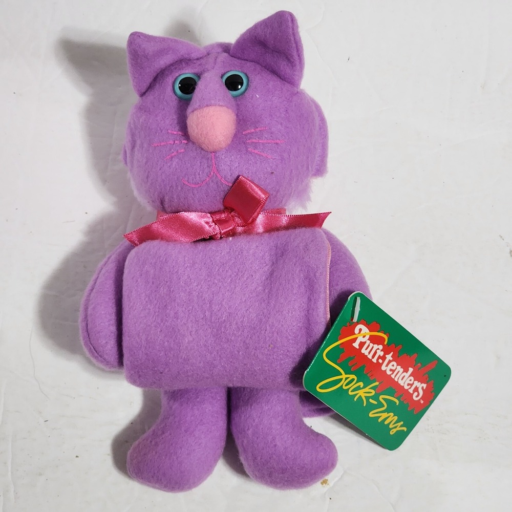 Vtg 1987 Hallmark Purr-tenders Sock-Ems Purple Cat Pink Bunny Plush PT2002 7in